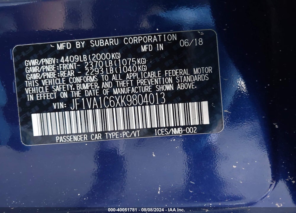 2019 SUBARU WRX PREMIUM VIN: JF1VA1C6XK9804013