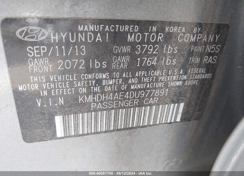 2013 HYUNDAI ELANTRA GLS VIN: KMHDH4AE4DU977891