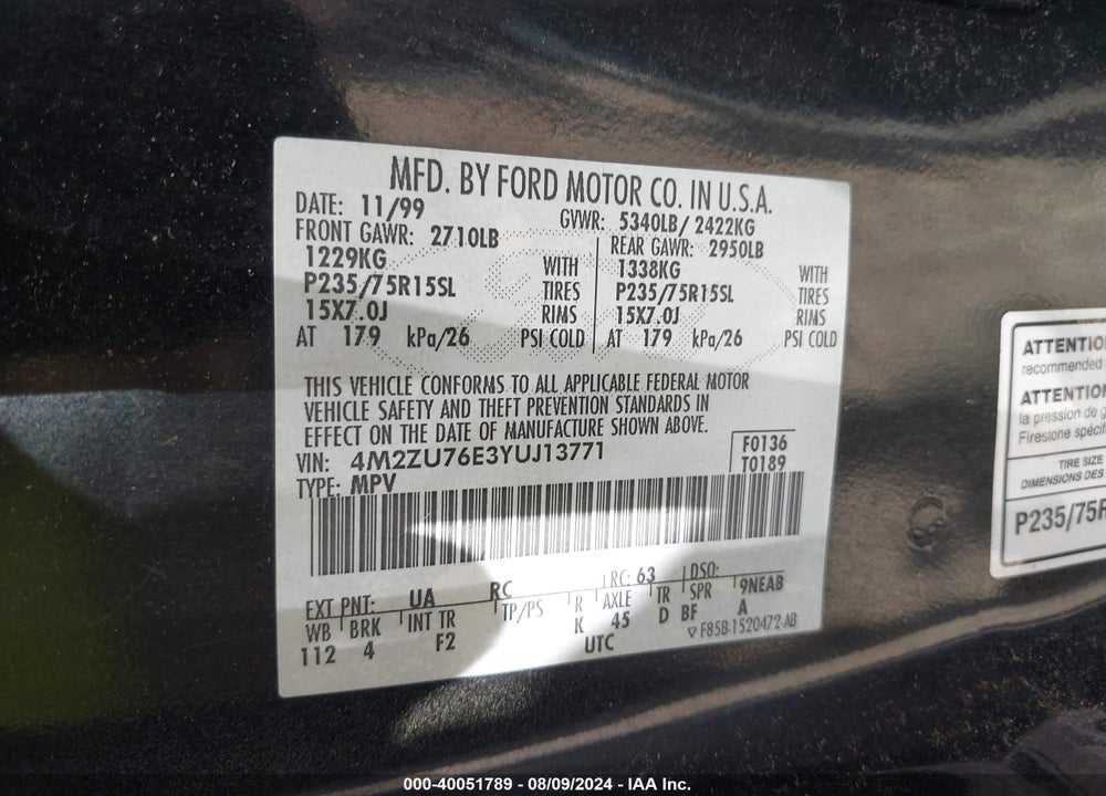 2000 MERCURY MOUNTAINEER VIN: 4M2ZU76E3YUJ13771