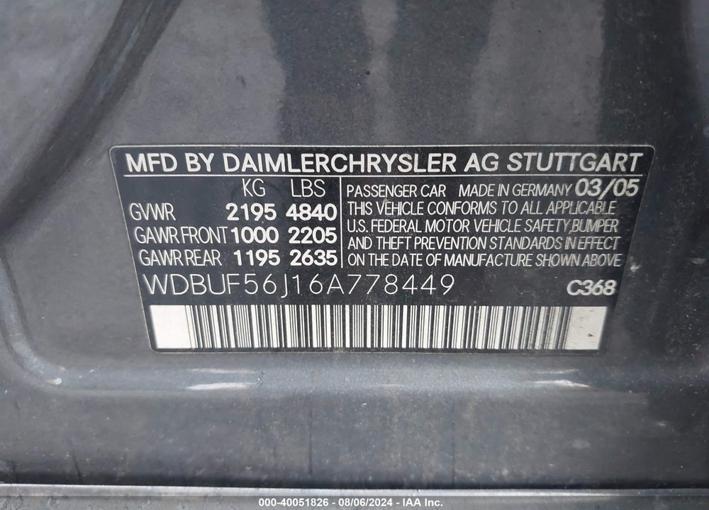 2006 MERCEDES-BENZ E 350 VIN: WDBUF56J16A778449
