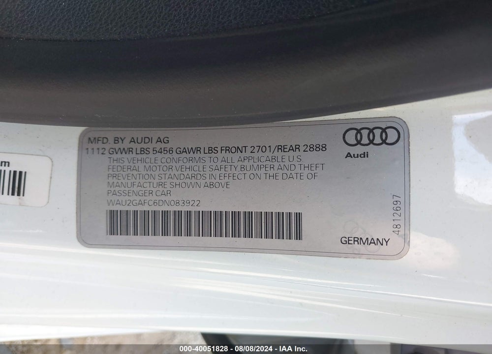 2013 AUDI A7 3.0T PREMIUM VIN: WAU2GAFC6DN083922