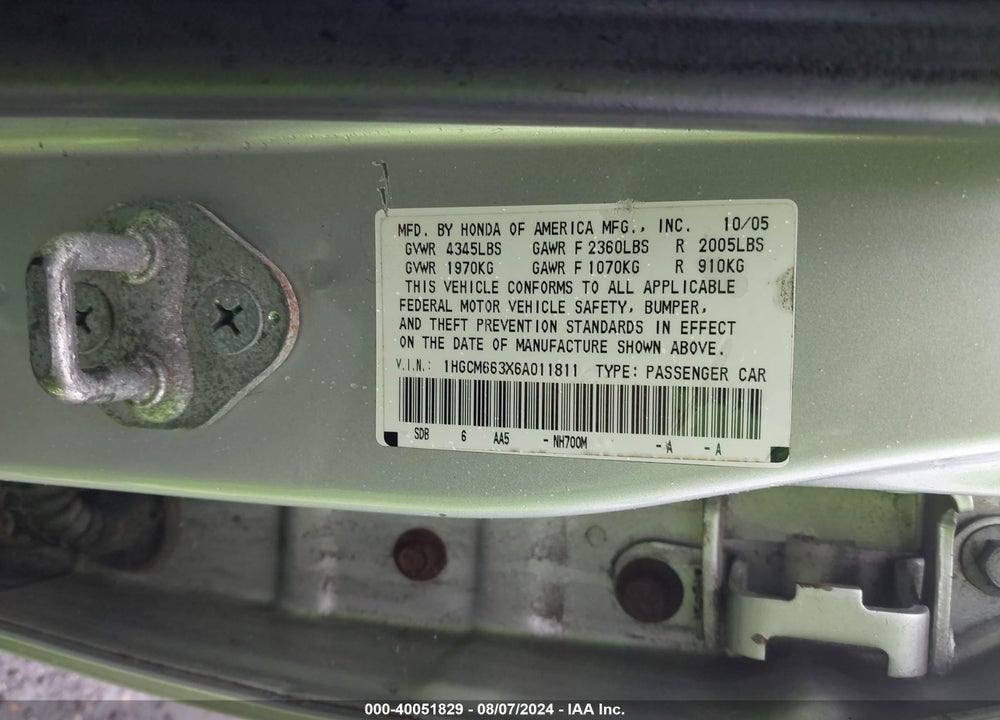 2006 HONDA ACCORD 3.0 LX VIN: 1HGCM663X6A011811