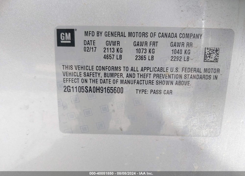 2017 CHEVROLET IMPALA 1LT VIN: 2G1105SA0H9165600