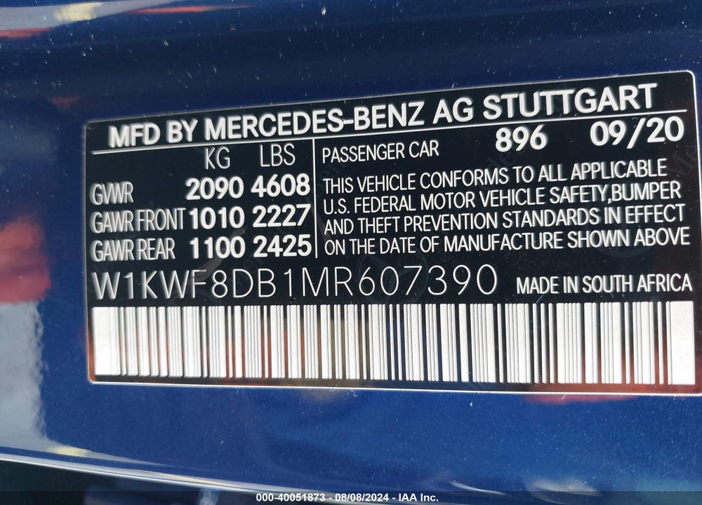 2021 MERCEDES-BENZ C 300 SEDAN VIN: W1KWF8DB1MR607390