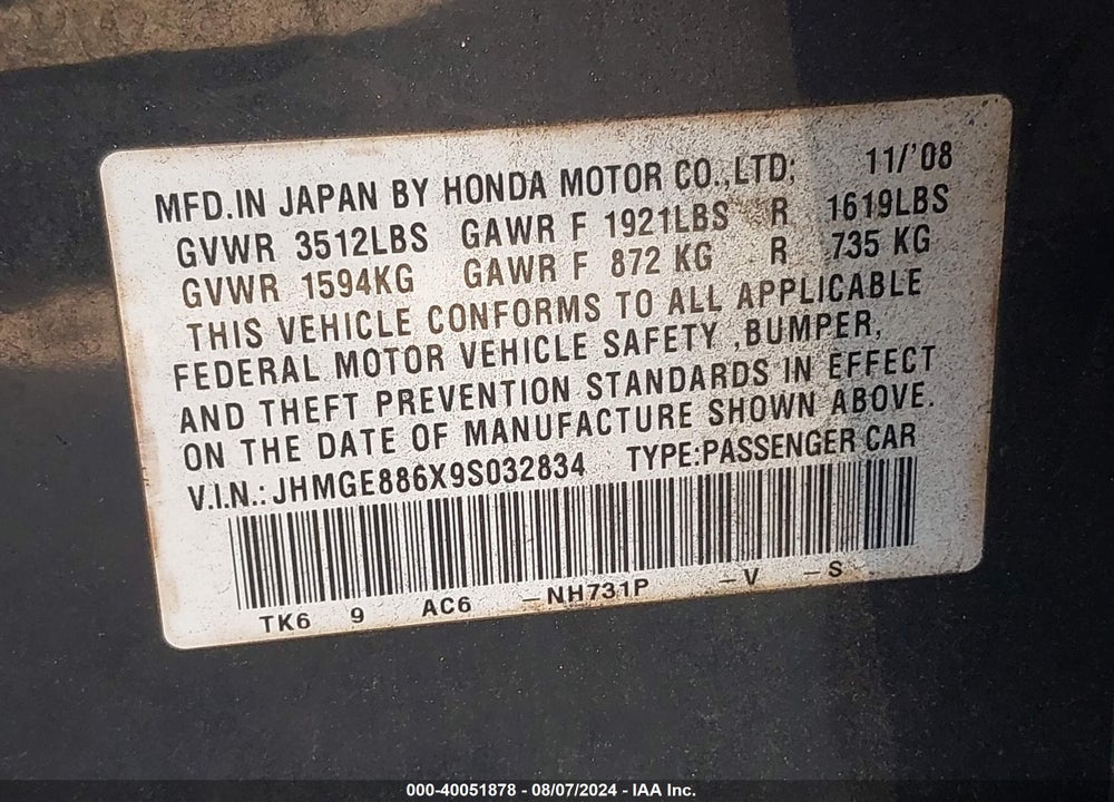 2009 HONDA FIT SPORT VIN: JHMGE886X9S032834