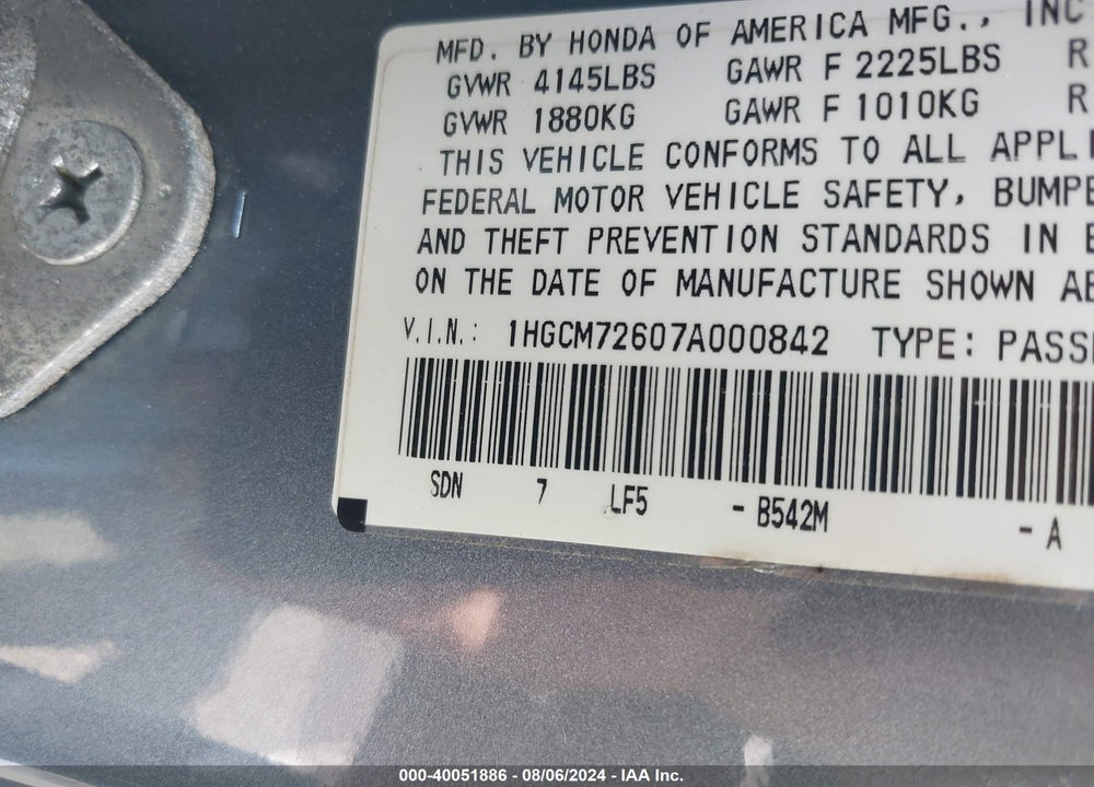 2007 HONDA ACCORD 2.4 EX VIN: 1HGCM72607A000842