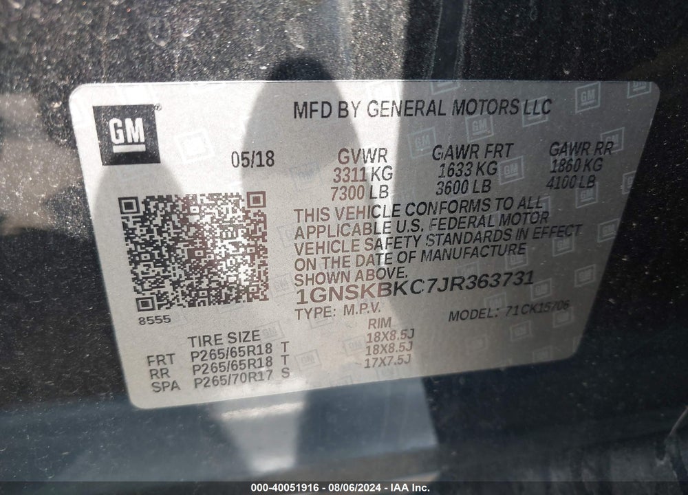 2018 CHEVROLET TAHOE LT VIN: 1GNSKBKC7JR363731