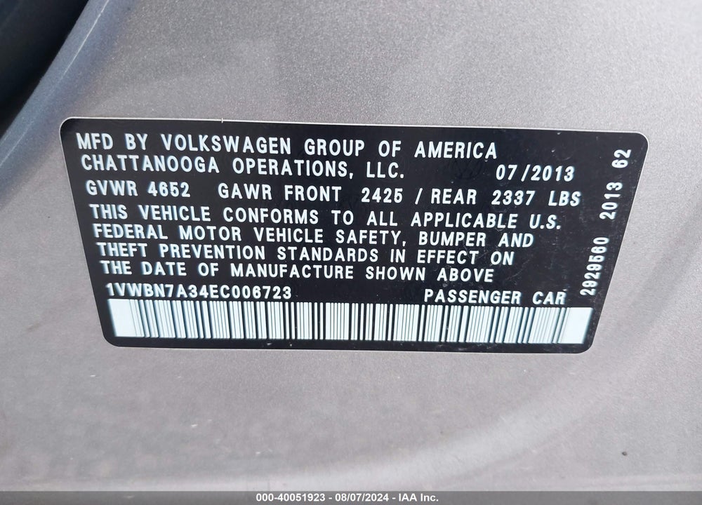 2014 VOLKSWAGEN PASSAT 2.0L TDI SE VIN: 1VWBN7A34EC006723