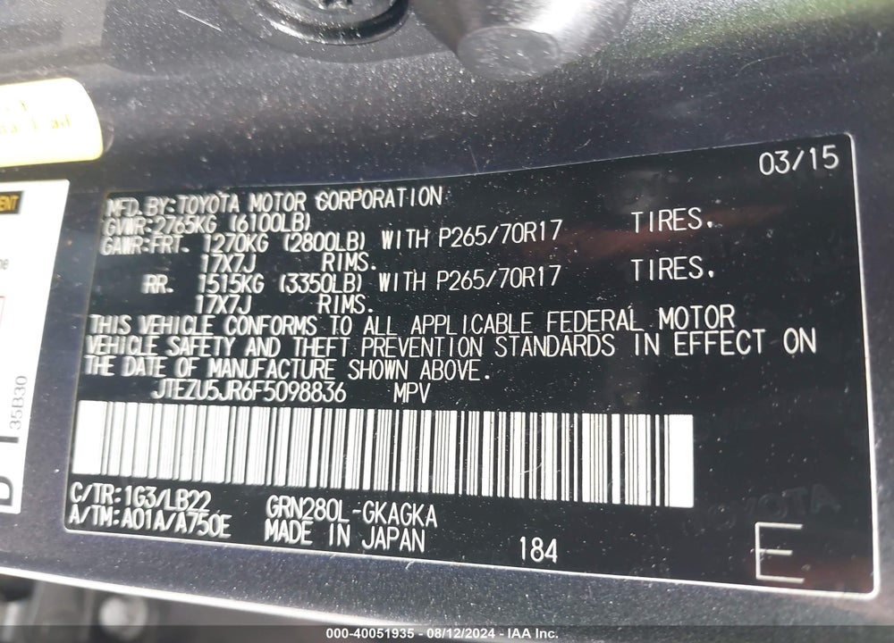 2015 TOYOTA 4RUNNER VIN: JTEZU5JR6F5098836