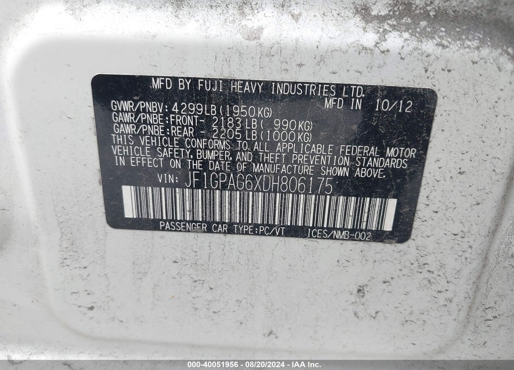 2013 SUBARU IMPREZA 2.0I LIMITED VIN: JF1GPAG6XDH806175