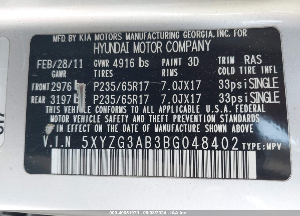 2011 HYUNDAI SANTA FE GLS VIN: 5XYZG3AB3BG048402