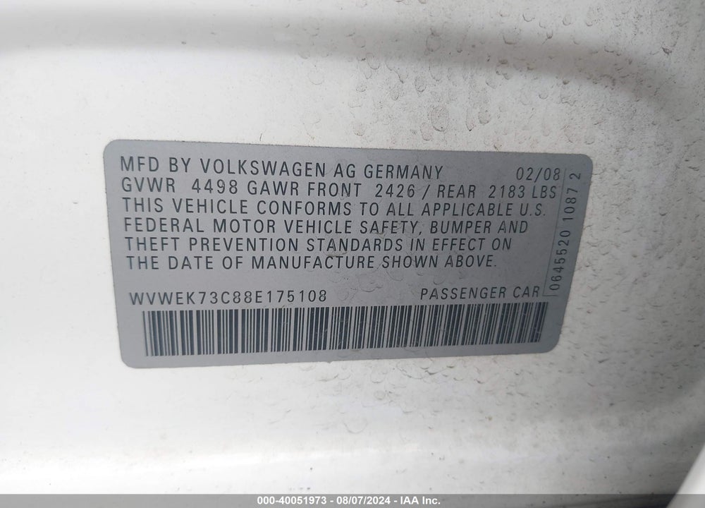 2008 VOLKSWAGEN PASSAT VIN: WVWEK73C88E175108