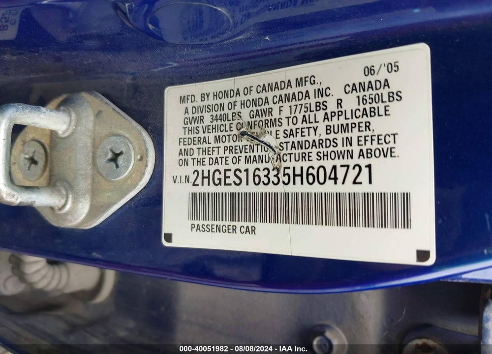 2005 HONDA CIVIC VP VIN: 2HGES16335H604721