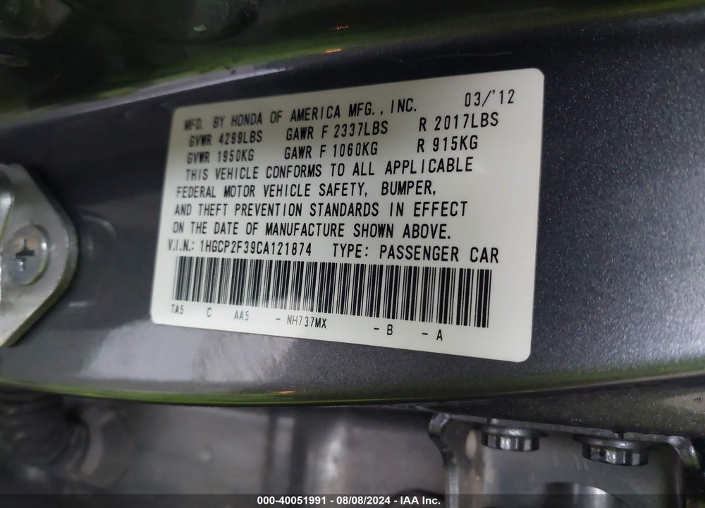 2012 HONDA ACCORD 2.4 LX VIN: 1HGCP2F39CA121874