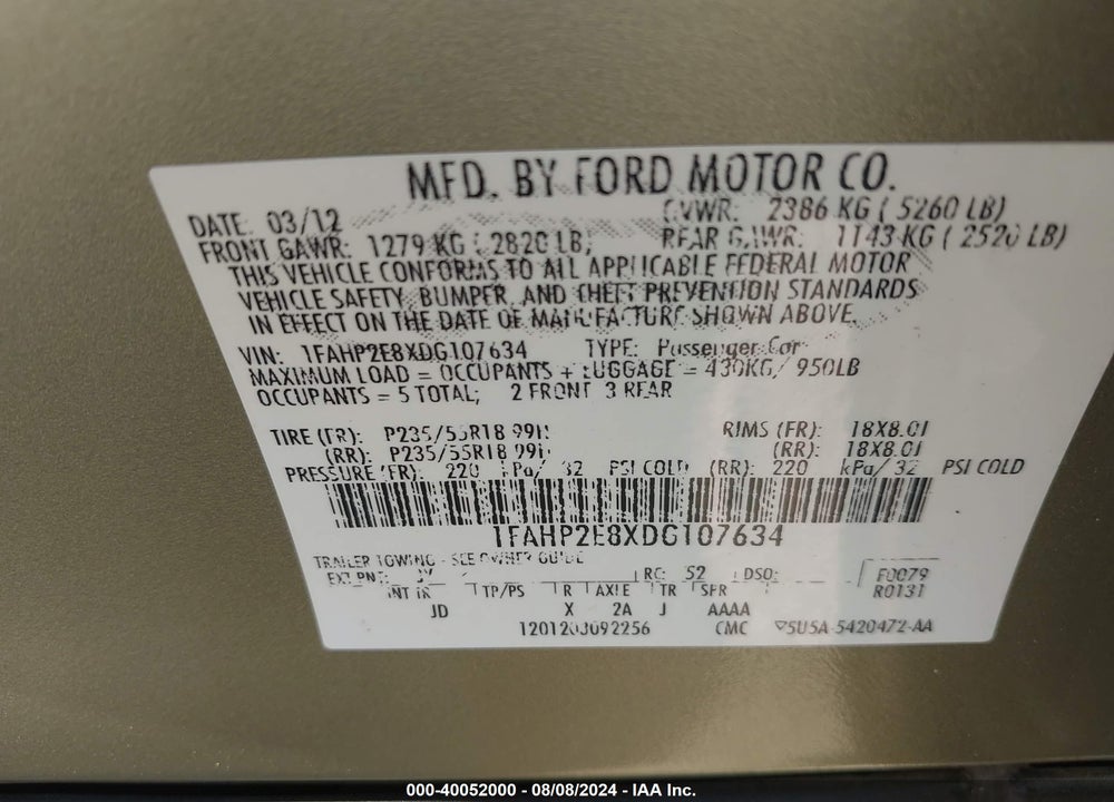 2013 FORD TAURUS SEL VIN: 1FAHP2E8XDG107634