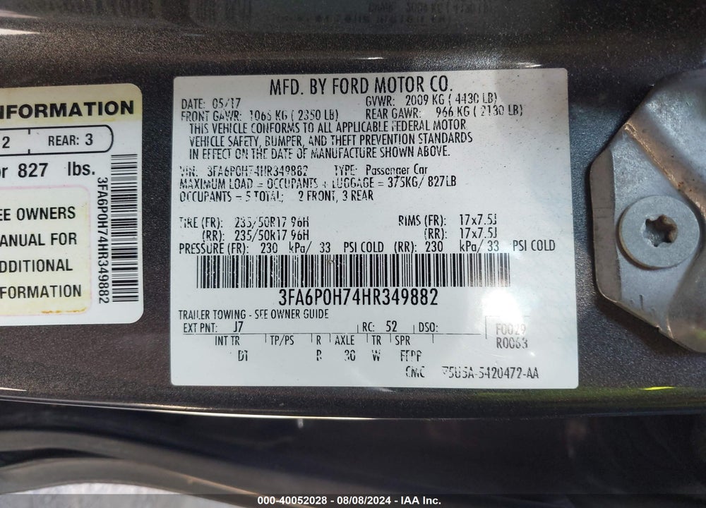 2017 FORD FUSION SE VIN: 3FA6P0H74HR349882