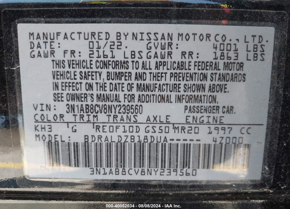 2022 NISSAN SENTRA SV XTRONIC CVT VIN: 3N1AB8CV8NY239560
