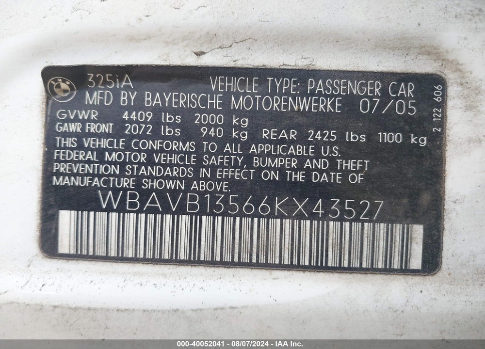2006 BMW 325I VIN: WBAVB13566KX43527