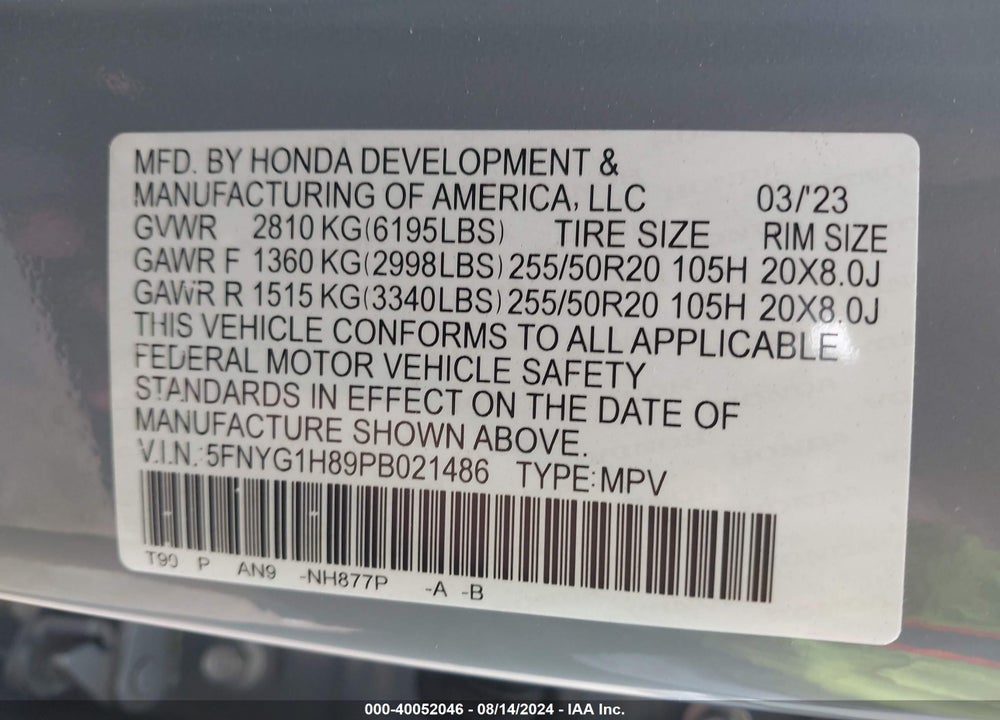 2023 HONDA PILOT AWD ELITE VIN: 5FNYG1H89PB021486