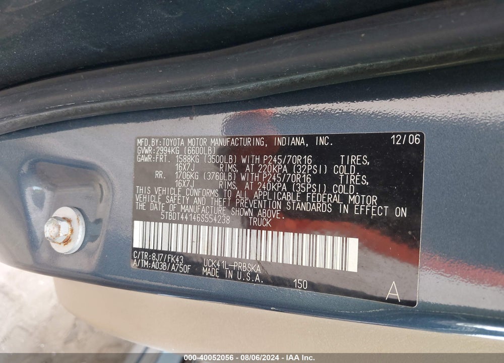 2006 TOYOTA TUNDRA VIN: 5TBDT44146S554238