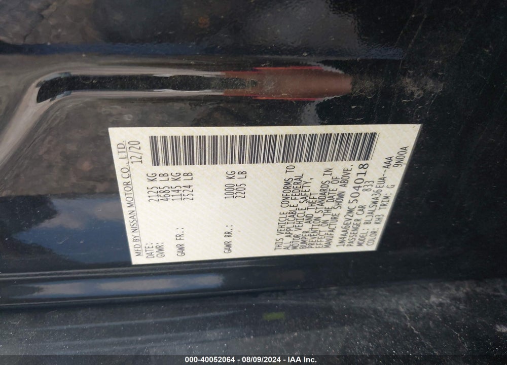 2021 NISSAN MAXIMA SR XTRONIC CVT VIN: 1N4AA6EV2MC504018