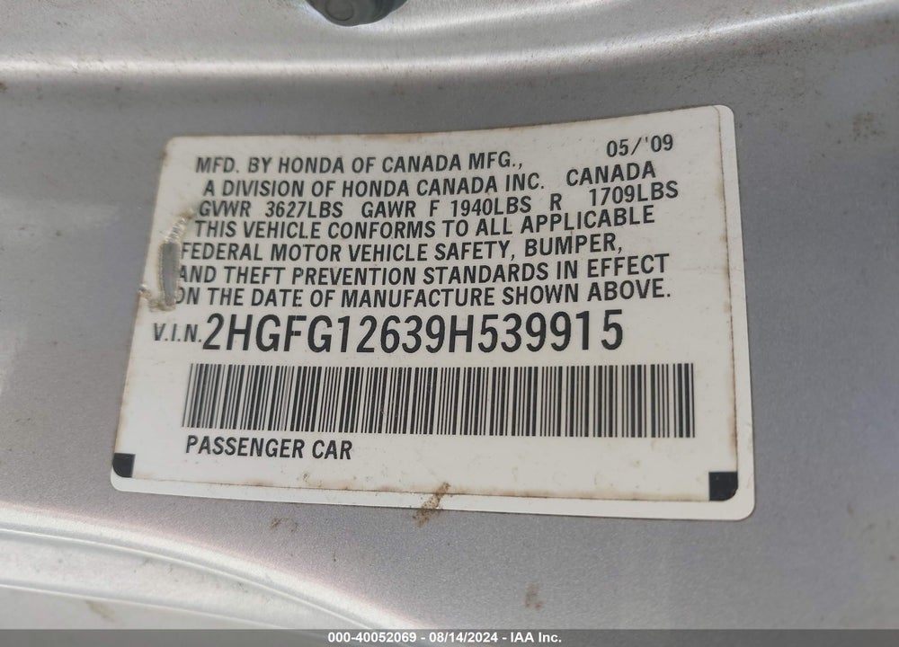 2009 HONDA CIVIC LX VIN: 2HGFG12639H539915
