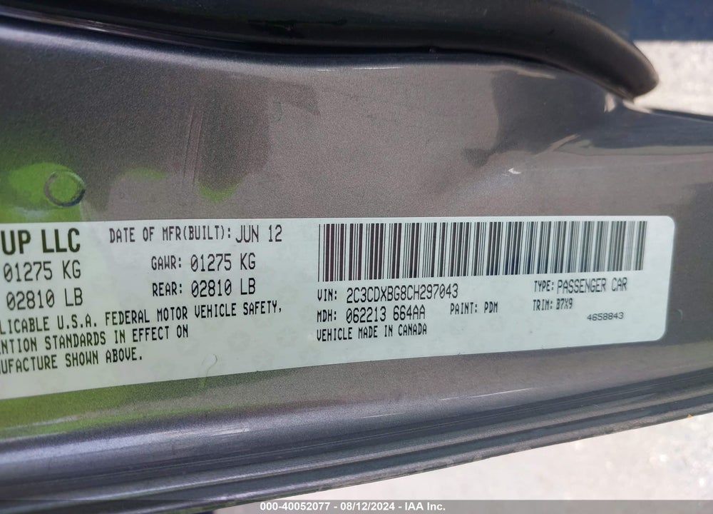 2012 DODGE CHARGER SE VIN: 2C3CDXBG8CH297043