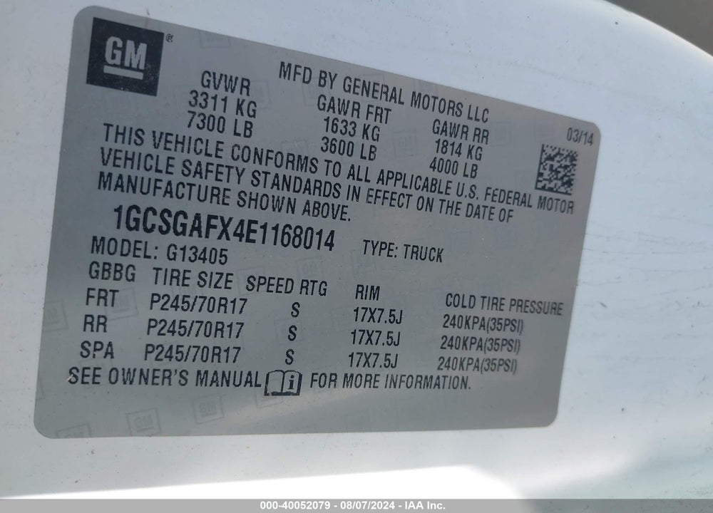 2014 CHEVROLET EXPRESS 1500 WORK VAN VIN: 1GCSGAFX4E1168014