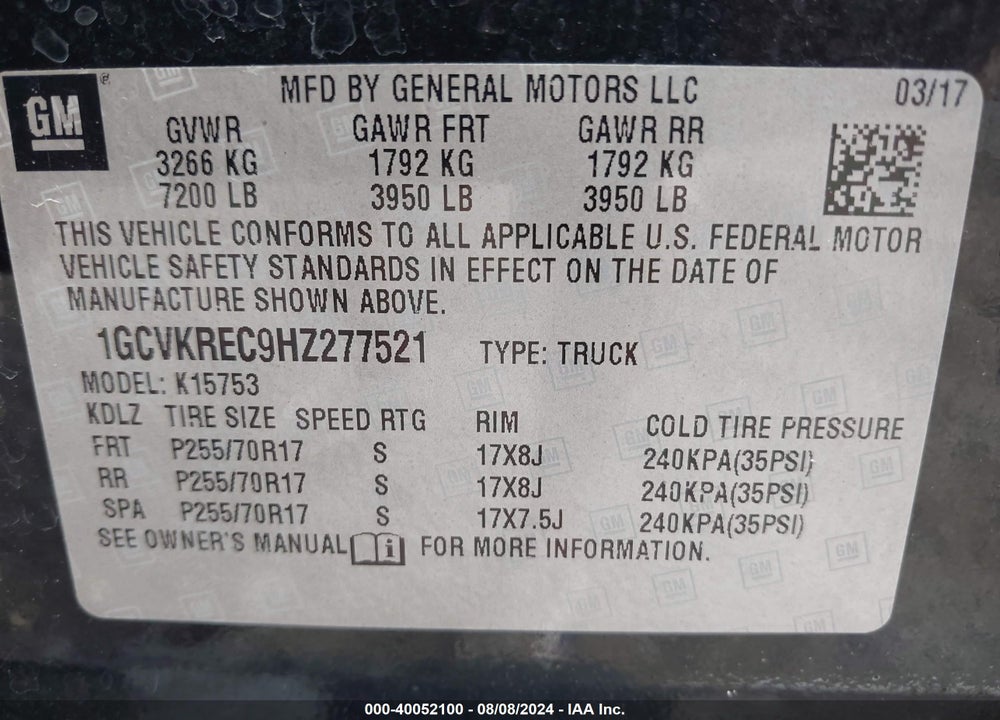 2017 CHEVROLET SILVERADO 1500 1LT VIN: 1GCVKREC9HZ277521