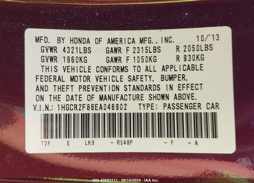 2014 HONDA ACCORD EX-L VIN: 1HGCR2F86EA046902