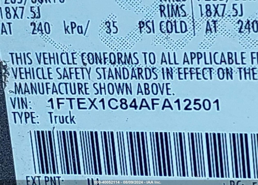 2010 FORD F-150 FX2 SPORT/STX/XL/XLT VIN: 1FTEX1C84AFA12501