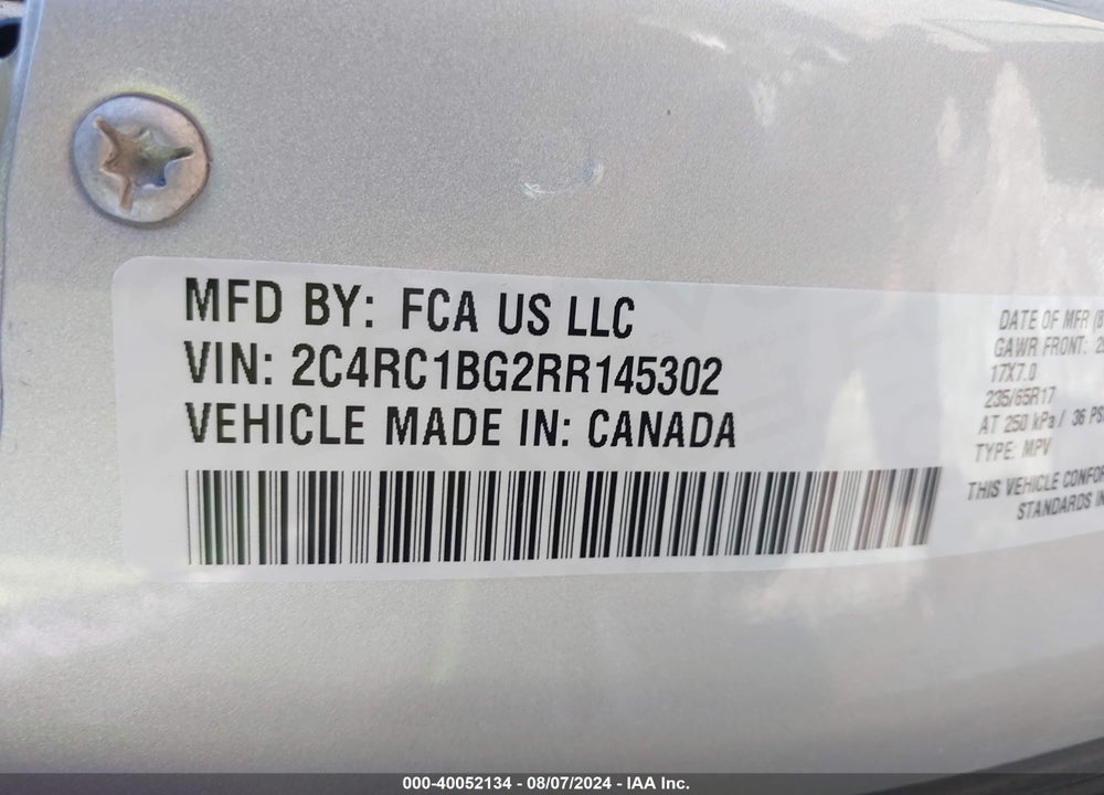 2024 CHRYSLER PACIFICA TOURING L VIN: 2C4RC1BG2RR145302