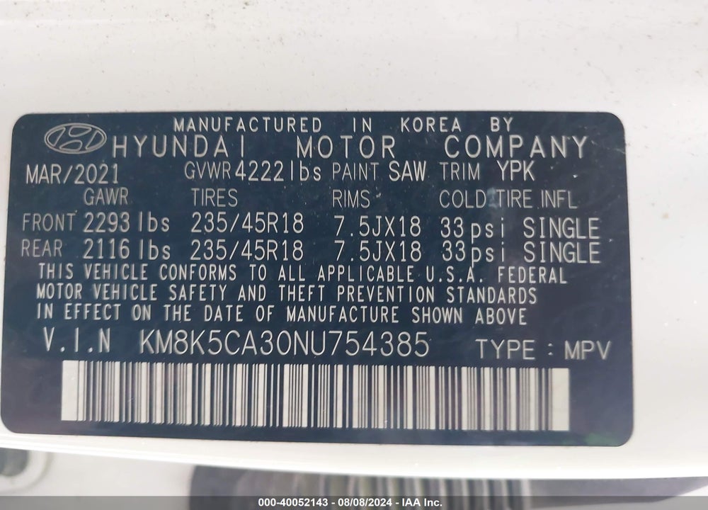 2022 HYUNDAI KONA LIMITED VIN: KM8K5CA30NU754385