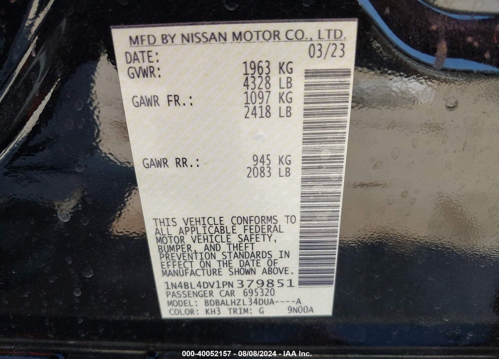 2023 NISSAN ALTIMA SV FWD VIN: 1N4BL4DV1PN379851