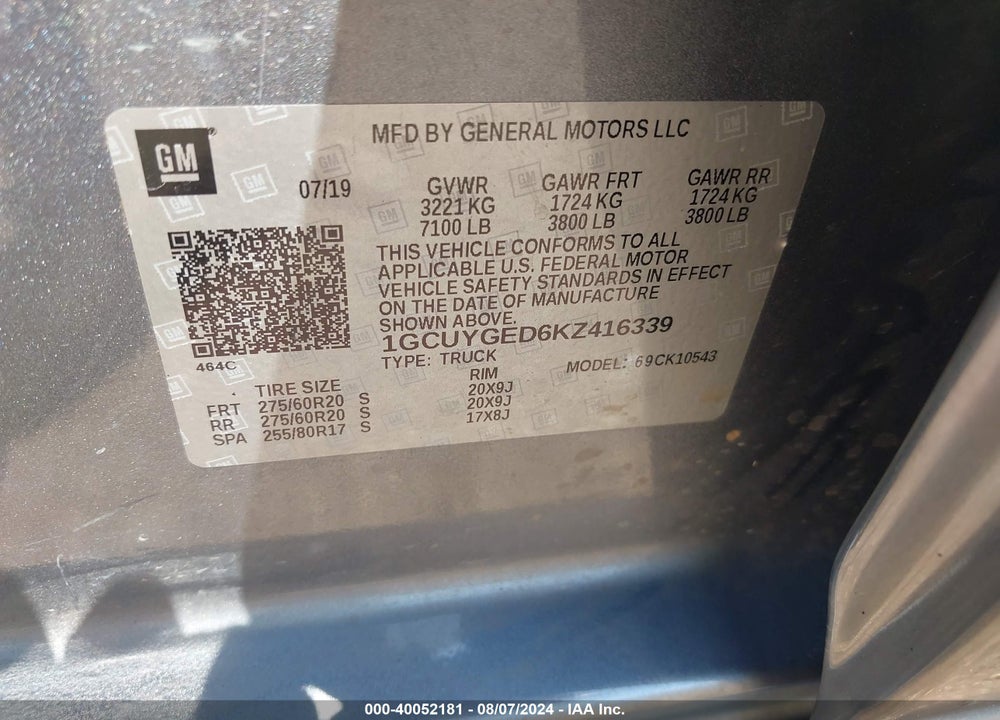2019 CHEVROLET SILVERADO 1500 LTZ VIN: 1GCUYGED6KZ416339
