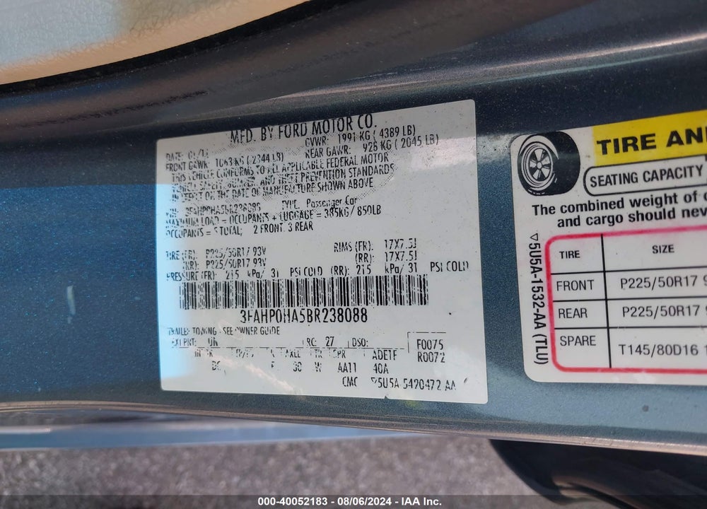 2011 FORD FUSION SE VIN: 3FAHP0HA5BR238088