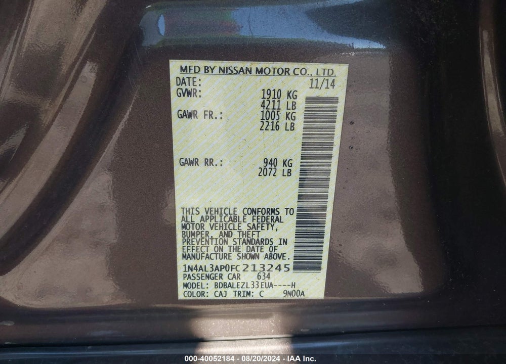 2015 NISSAN ALTIMA 2.5 S VIN: 1N4AL3AP0FC213245