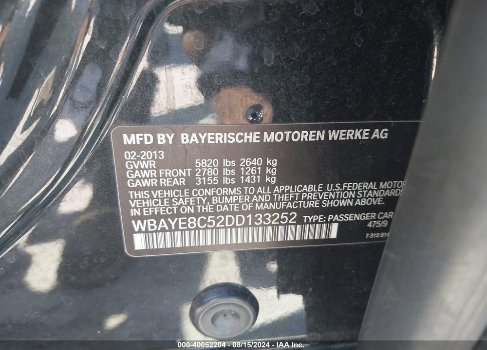 2013 BMW 750LI VIN: WBAYE8C52DD133252