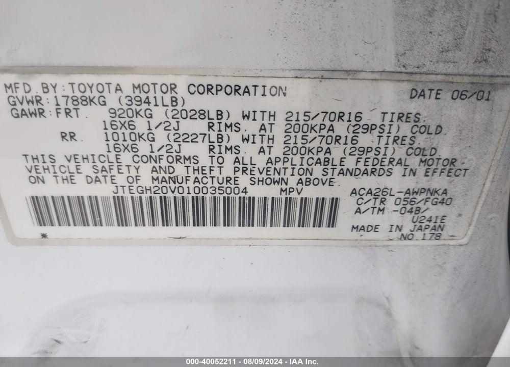 2001 TOYOTA RAV4 VIN: JTEGH20V010035004