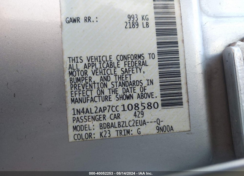 2012 NISSAN ALTIMA 2.5 S VIN: 1N4AL2AP7CC108580