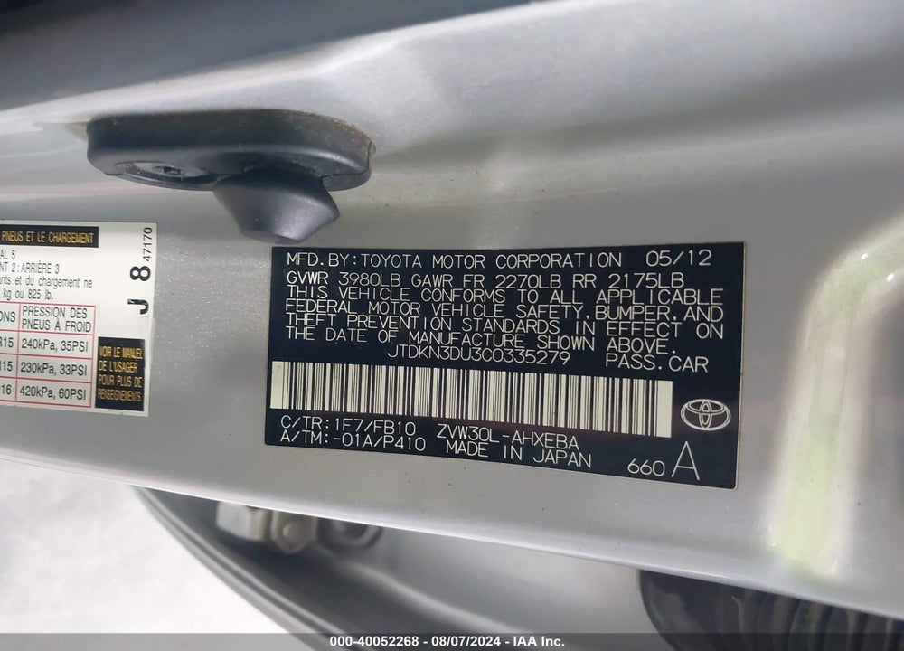 2012 TOYOTA PRIUS TWO VIN: JTDKN3DU3C0335279