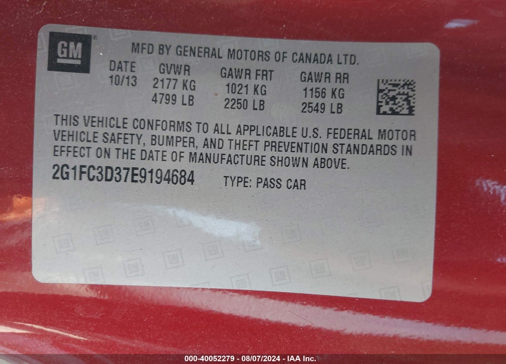 2014 CHEVROLET CAMARO 2LT VIN: 2G1FC3D37E9194684