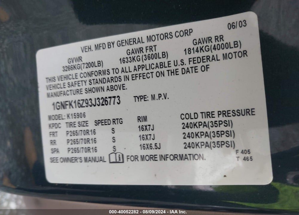 2003 CHEVROLET SUBURBAN 1500 LT VIN: 1GNFK16Z93J326773