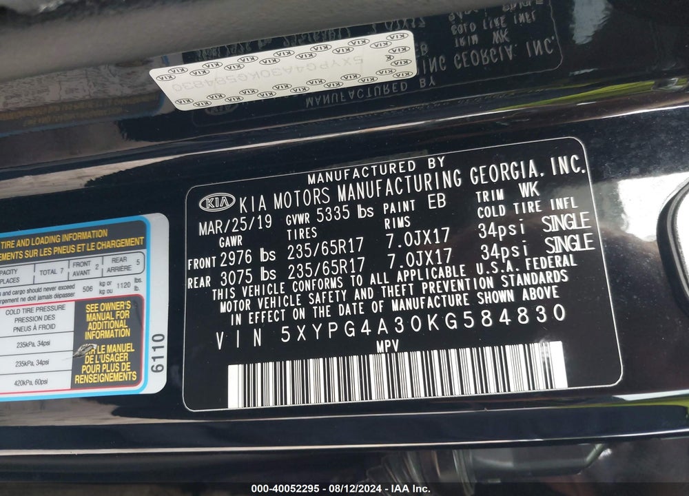 2019 KIA SORENTO 2.4L L VIN: 5XYPG4A30KG584830