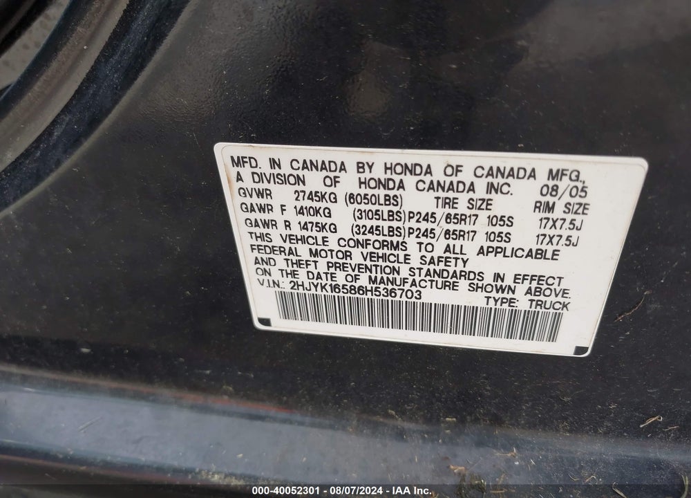 2006 HONDA RIDGELINE RTL VIN: 2HJYK16586H536703