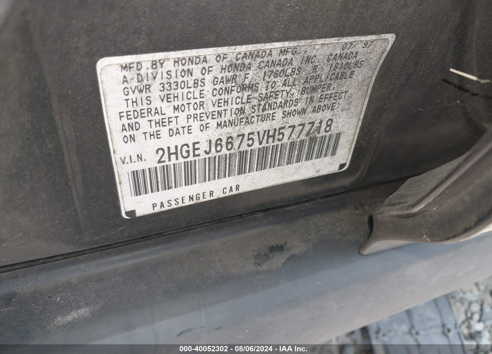 1997 HONDA CIVIC LX VIN: 2HGEJ6675VH577718