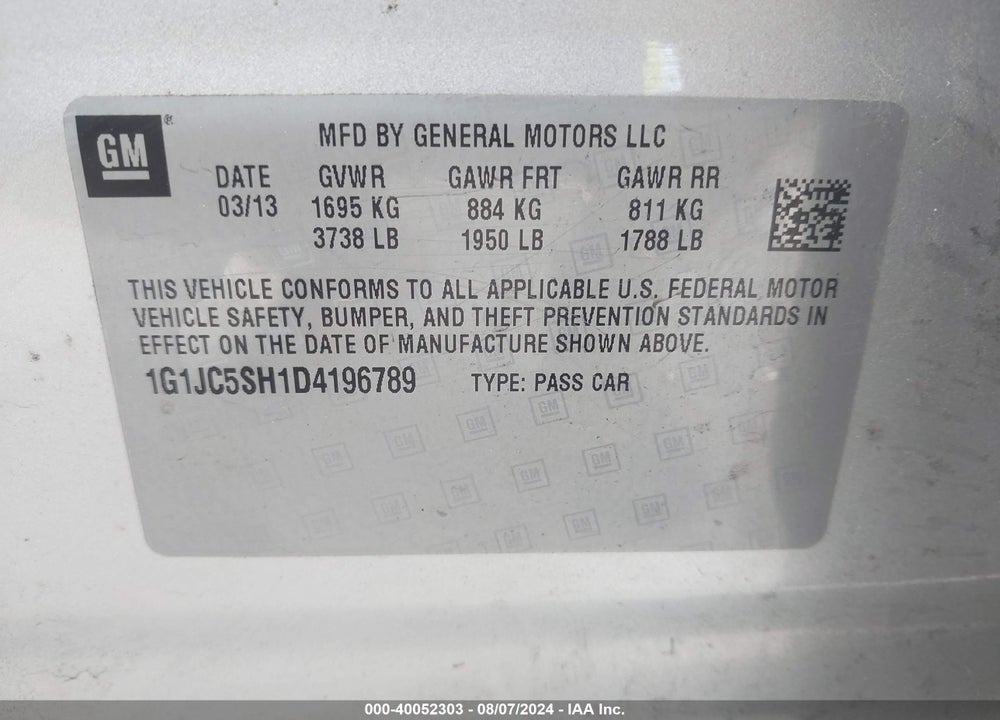 2013 CHEVROLET SONIC LT AUTO VIN: 1G1JC5SH1D4196789