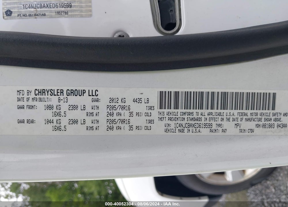 2014 JEEP COMPASS SPORT VIN: 1C4NJCBAXED619599