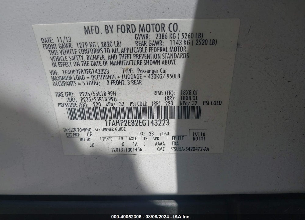 2014 FORD TAURUS SEL VIN: 1FAHP2E82EG143223
