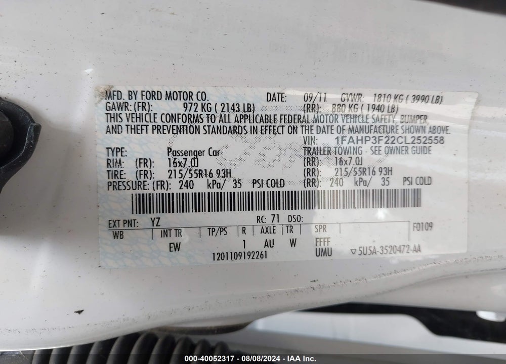 2012 FORD FOCUS SE VIN: 1FAHP3F22CL252558